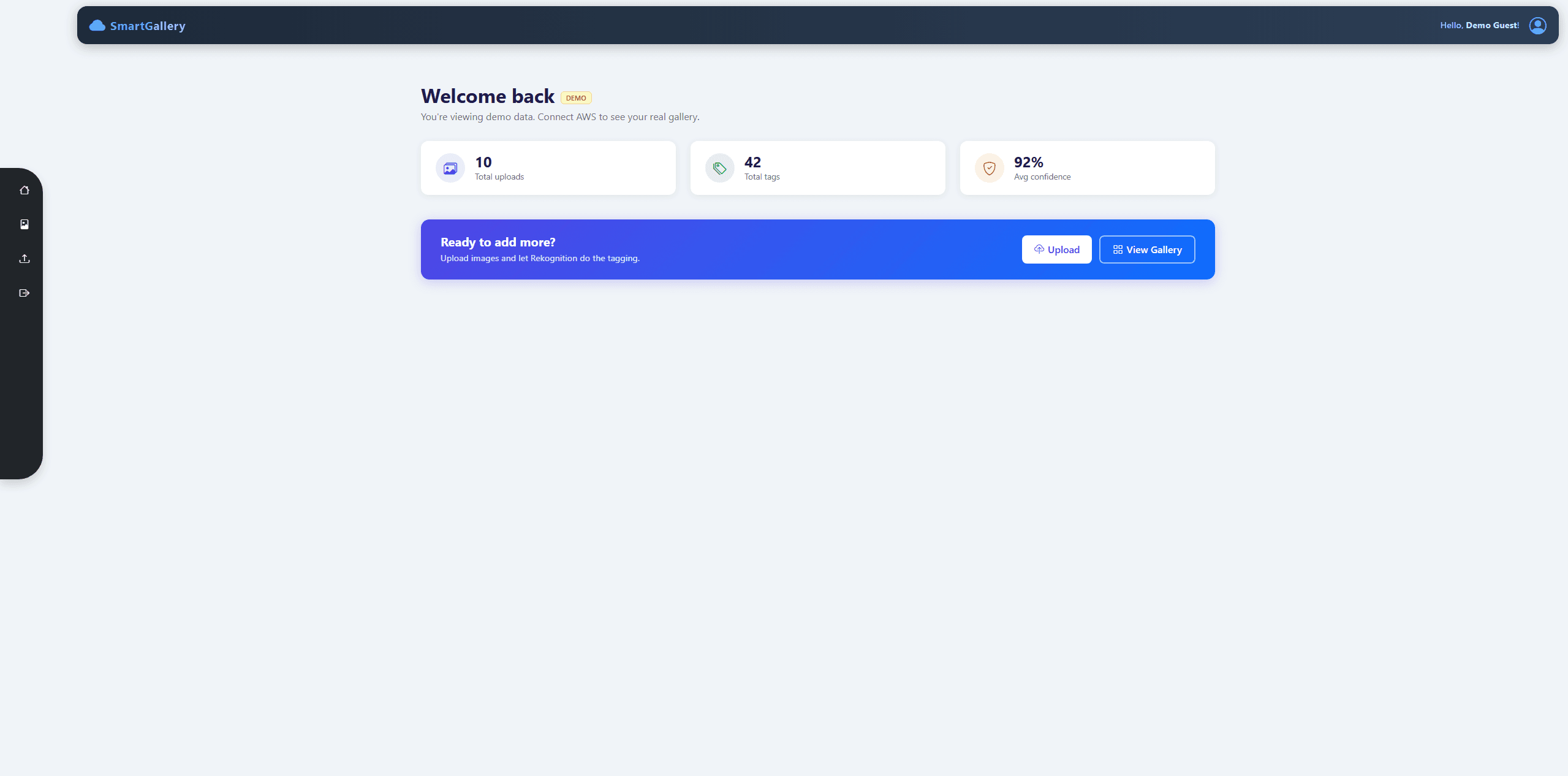 SmartGallery team application showing the demo dashboard